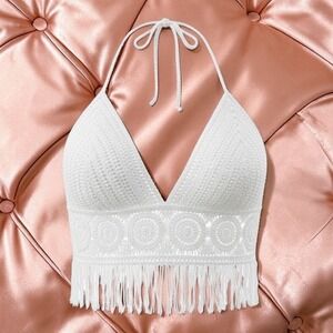 New Small White Crochet Knit Fringe Halter Top Backless Crop Tank Padded Lined